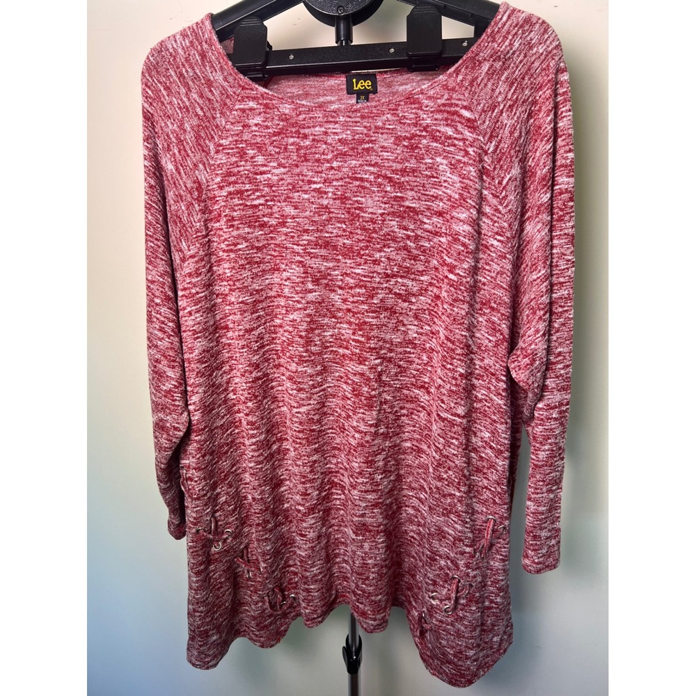 Lee Knit Tunic Top Women 3X Red White Excellent Space Dye Lace Up Sides Fall